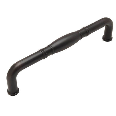 Oil rubbed bronze drawer pull with a bulge at the centre and rings engraving