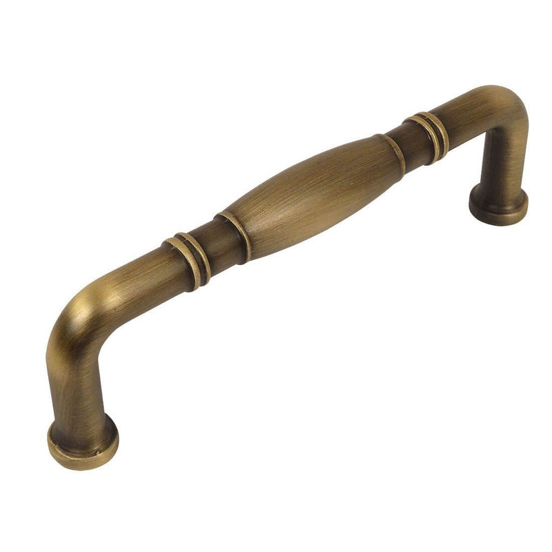 Brushed antique brass cabinet pull with rings engraving and thick at the centre of handle