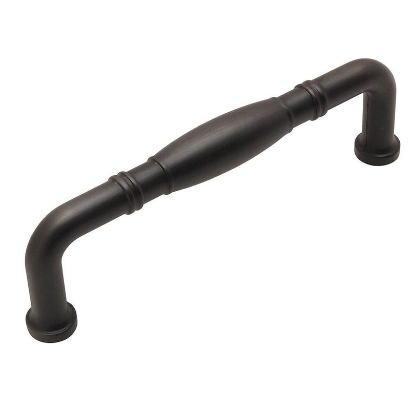 Oil rubbed bronze cabinet pull with three and three quarters inch hole spacing