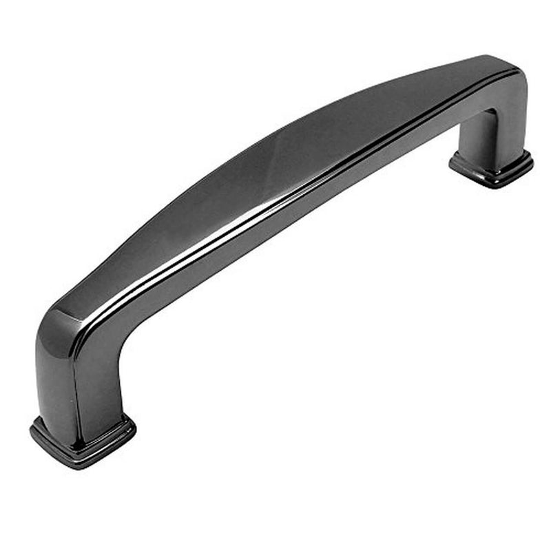 Black nickel handle pull with wide shape in the middle and three and a half inch hole spacing