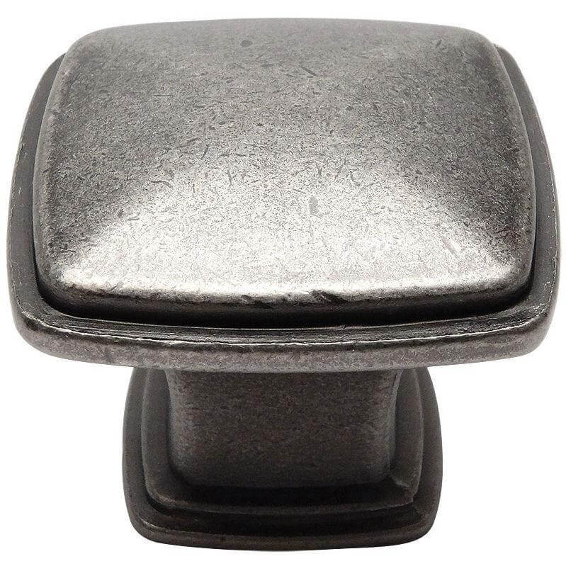 Cabinet drawer knob in weathered nickel finish with subtle pyramid design