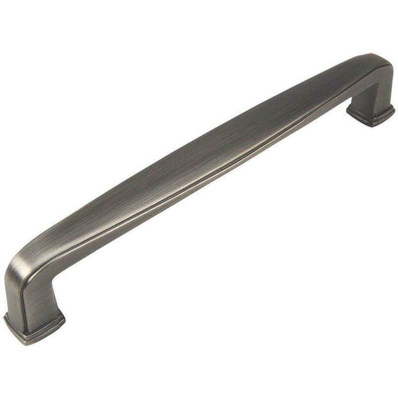 Cabinet drawer pull in antique silver finish with subtle wide shape 