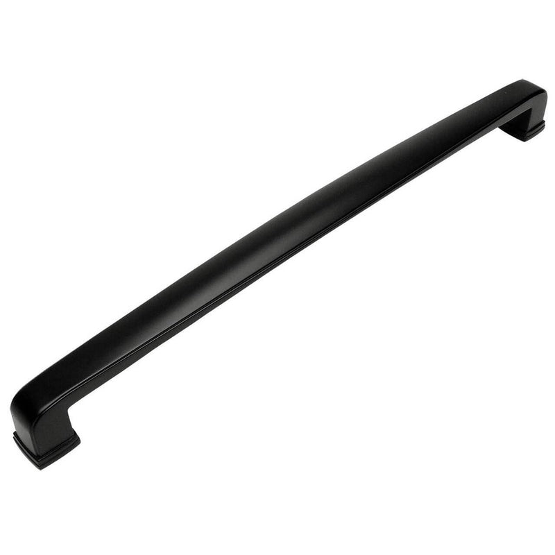 Subtle wide cabinet pull in flat black finish with twelve inch hole spacing