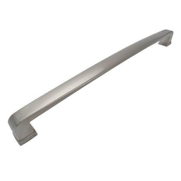 Subtle wide cabinet handle in satin nickel finish with twelve inch hole spacing