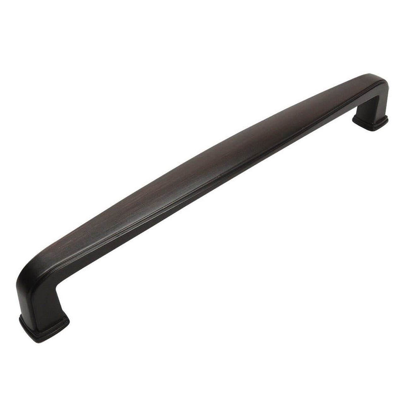 Six and five sixteenths inch hole spacing drawer pull in oil rubbed bronze finish with a subtle wide design