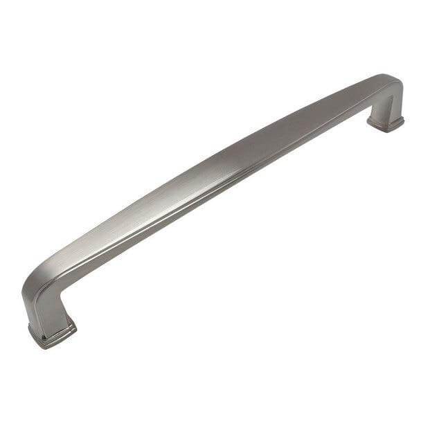 Six and five sixteenths inch hole spacing drawer pull in satin nickel finish with a subtle wide design