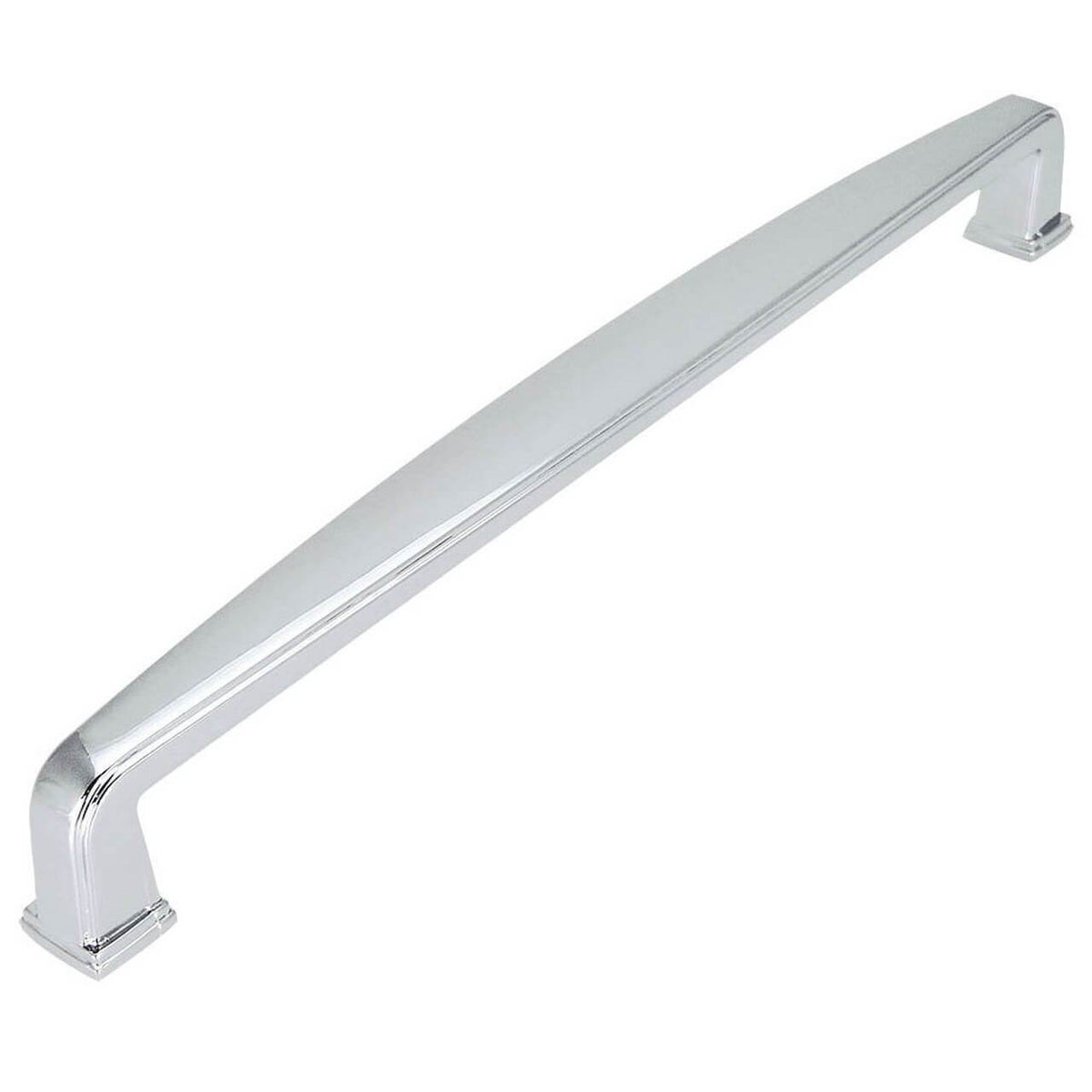 Subtle wide design drawer pull in polished chrome finish with seven and a half inch hole spacing