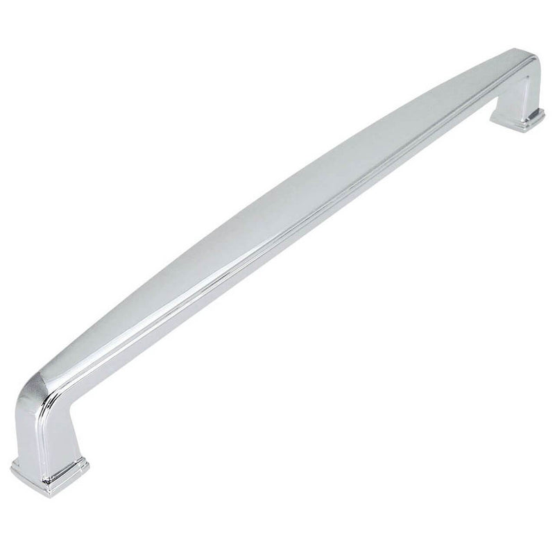 Subtle wide design drawer pull in polished chrome finish with seven and a half inch hole spacing