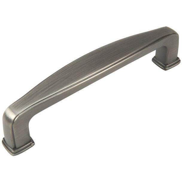 Drawer pull in antique silver finish with a wide shape in the middle