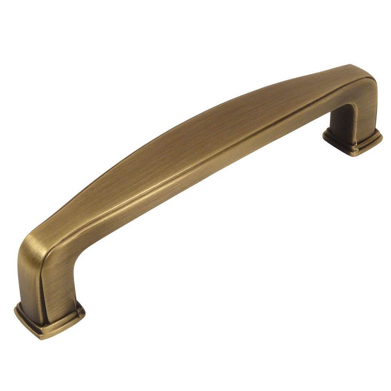 Brushed antique brass cabinet pull with wide design and three and three quarters inch hole spacing