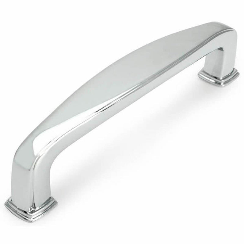 Three and three quarters inch hole spacing drawer pull with wide shape at the centre in polished chrome finish