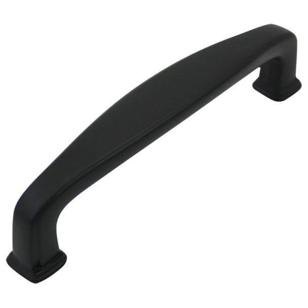 Flat black cabinet drawer pull with a wide shape in the middle of handle