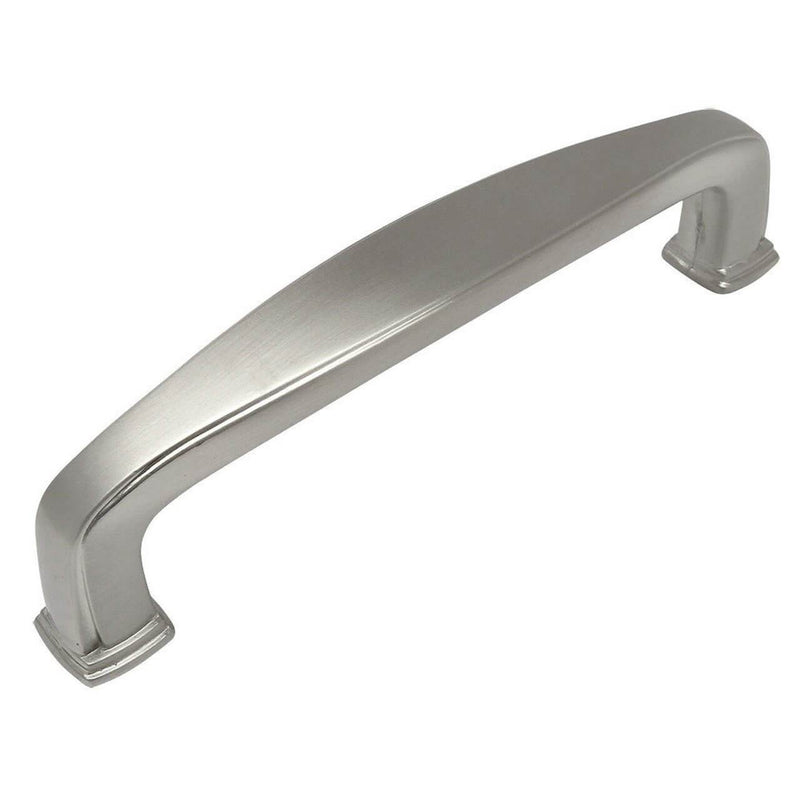 Three and three quarters inch hole spacing cabinet pull in satin nickel finish with a wide shape at the centre