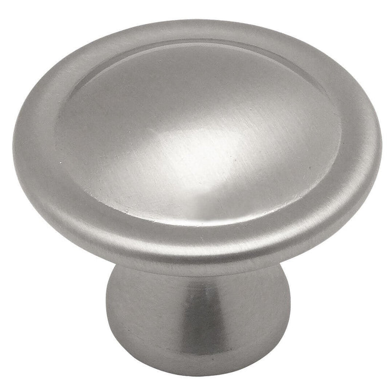 Satin nickel drawer knob with thicker edges and one and an eight inch diameter