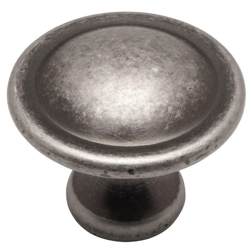 Round weathered nickel finish with thicker finish and one and an eight inch diameter