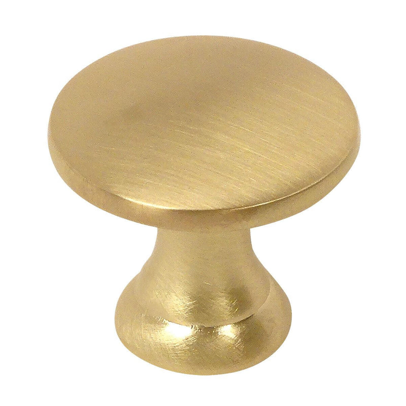 Brushed brass drawer knob with flat top and seven eighths inch diameter