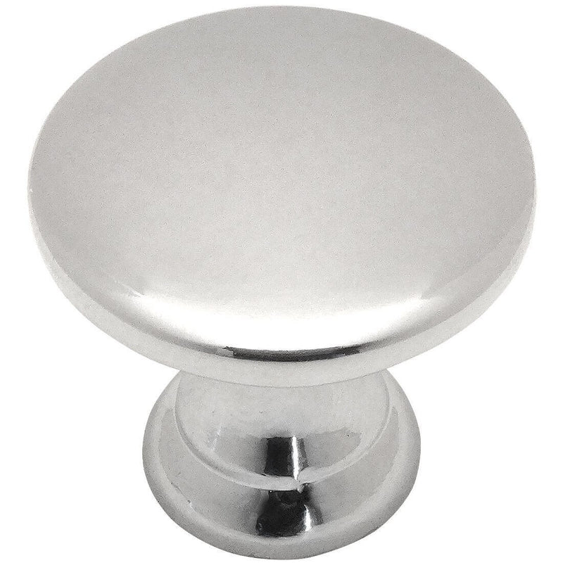 Polished chrome drawer knob with dull edges and seven eighths inch diameter