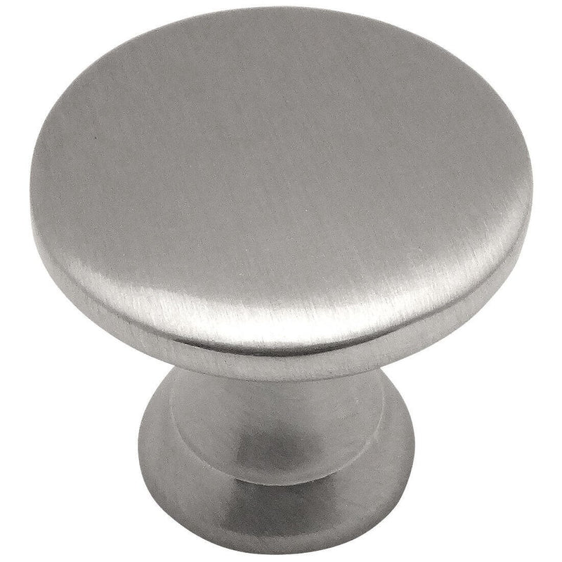 Satin nickel cabinet drawer knob with flat top and seven eighths inch diameter