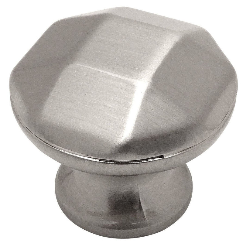 Satin nickel cabinet drawer knob with structured texture and one and a quarter inch diameter