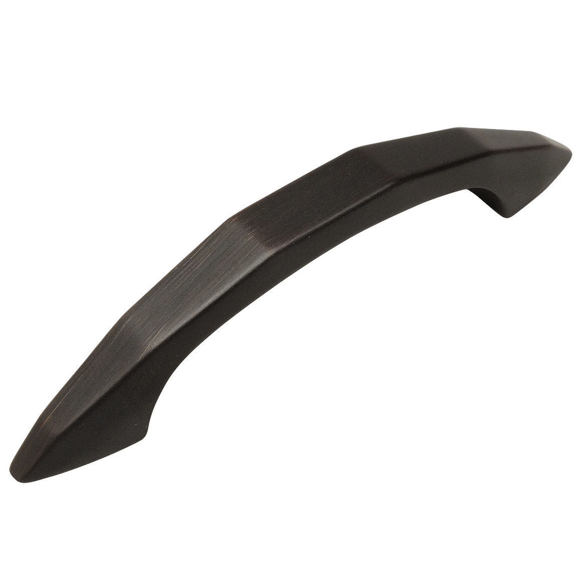 Stiff arched drawer pull in oil rubbed bronze finish with three inch hole spacing