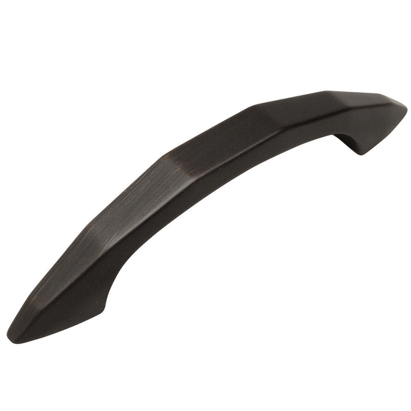 Stiff arched drawer pull in oil rubbed bronze finish with three inch hole spacing