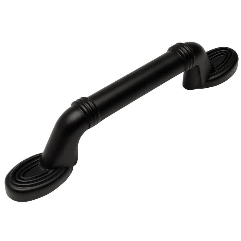 Flat black cabinet drawer pull with decorative lines engraving and three inch hole spacing