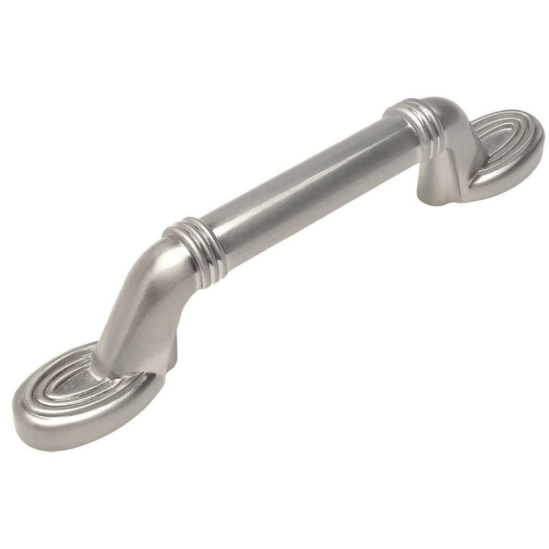 Cabinet pull in satin nickel finish with three inch hole spacing and decorative lines engraving