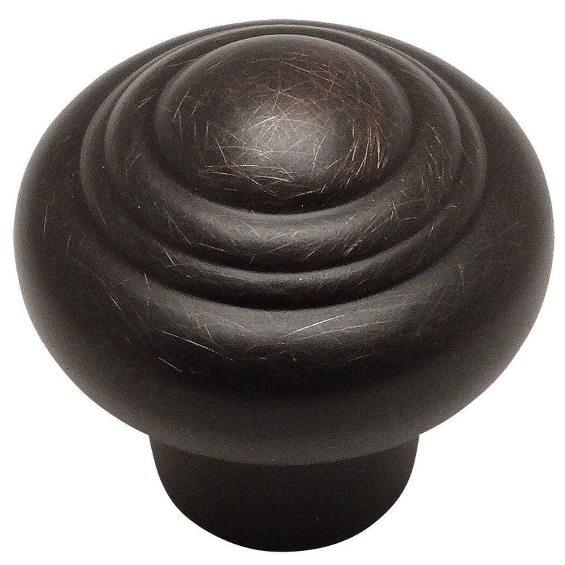 Oil rubbed bronze drawer knob with raised rings design and fifteen sixteenths inch diameter