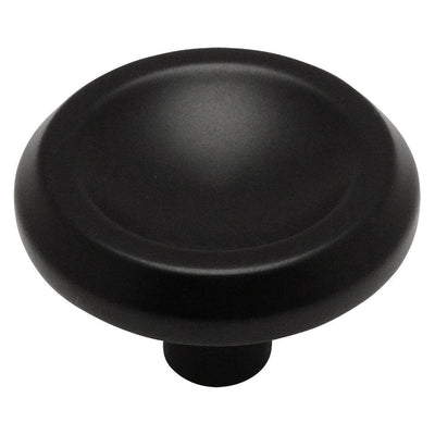 Thicker edges cabinet knob in flat black finish with concave centre and one and an eighth inch diameter