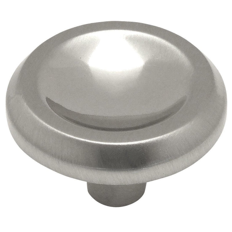 Satin nickel cabinet drawer knob with concave centre and one and an eight inch diameter