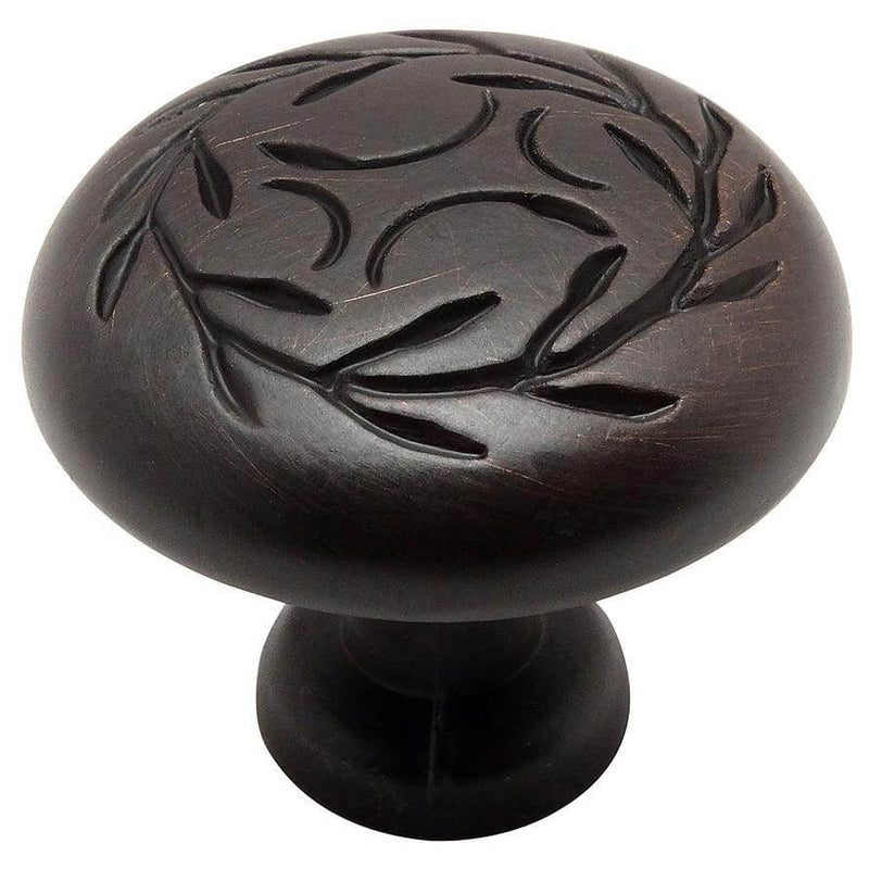 Leaves engraving cabinet knob in oil rubbed bronze finish with one and a quarter inch diameter