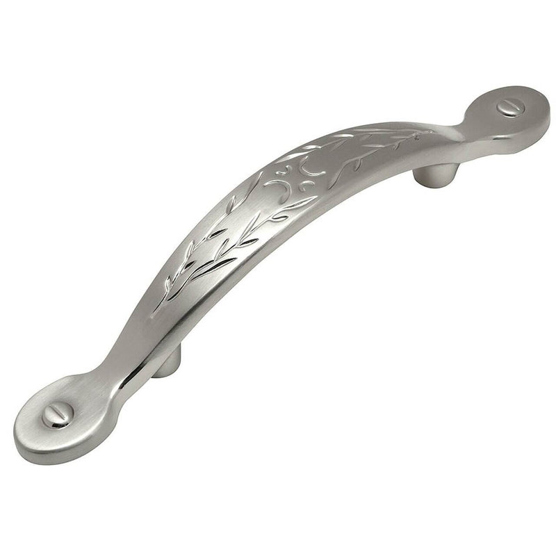 Leaves engraving cabinet handle in satin nickel finish with three inch hole spacing
