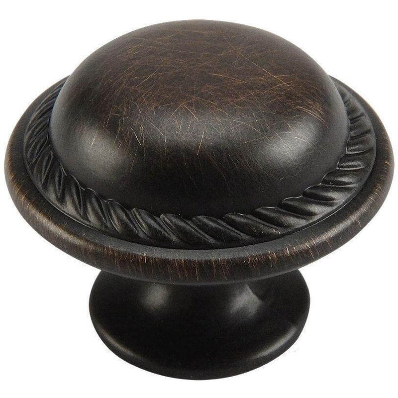 Oil rubbed bronze cabinet drawer knob with saucer shaped body and rope design