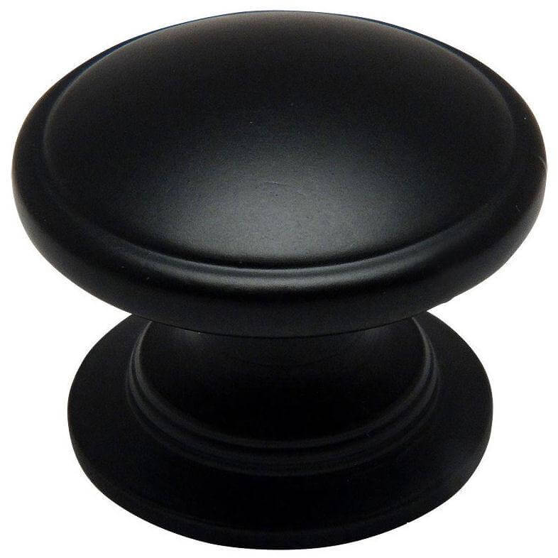 Round cabinet drawer knob in flat black finish with slightly raised centre