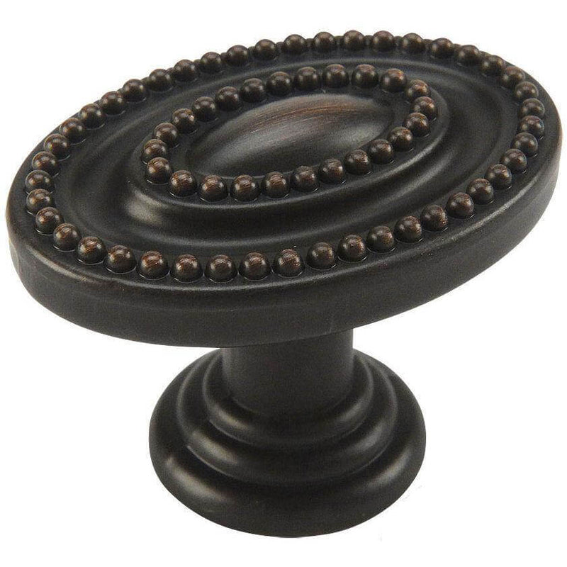 Oval beaded cabinet drawer knob in oil rubbed bronze finish with one and a quarter inch length