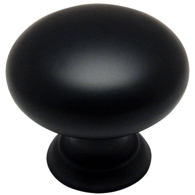 Round flat black cabinet drawer knob with basic simple design and one and a quarter inch diameter