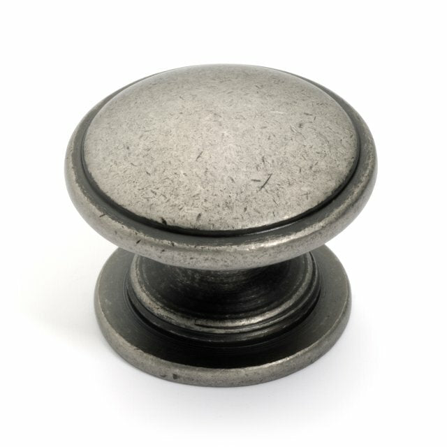 Barrel design drawer knob in antique nickel finish with one and a quarter inch hole spacing