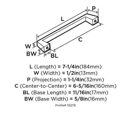 Diagram of dimensions of thin square cabinet pull in oil rubbed bronze finish with six and five sixteenths inch hole spacing