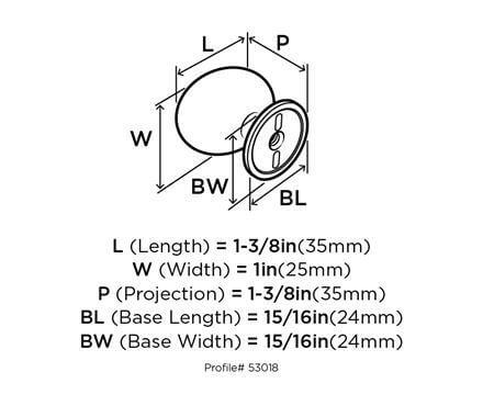 Diagram of dimensions of egg cabinet knob in oil rubbed bronze finish with little striking lights at the base and one and three eighths inch length