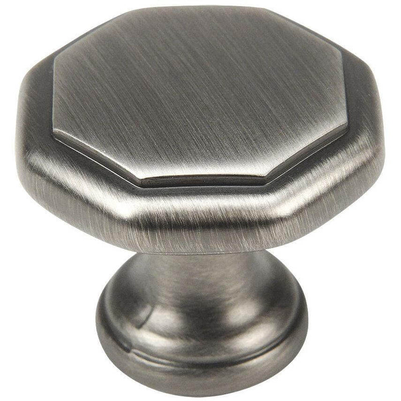 Octagonal cabinet knob in antique silver finish with one and a quarter inch diameter