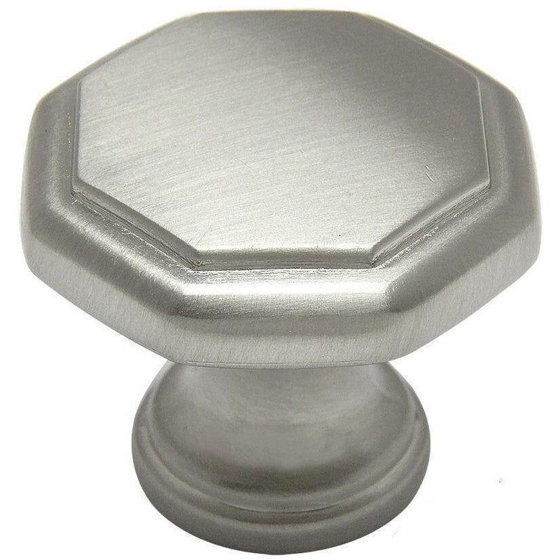 Octagonal cabinet knob in satin nickel finish with one and a quarter inch diameter