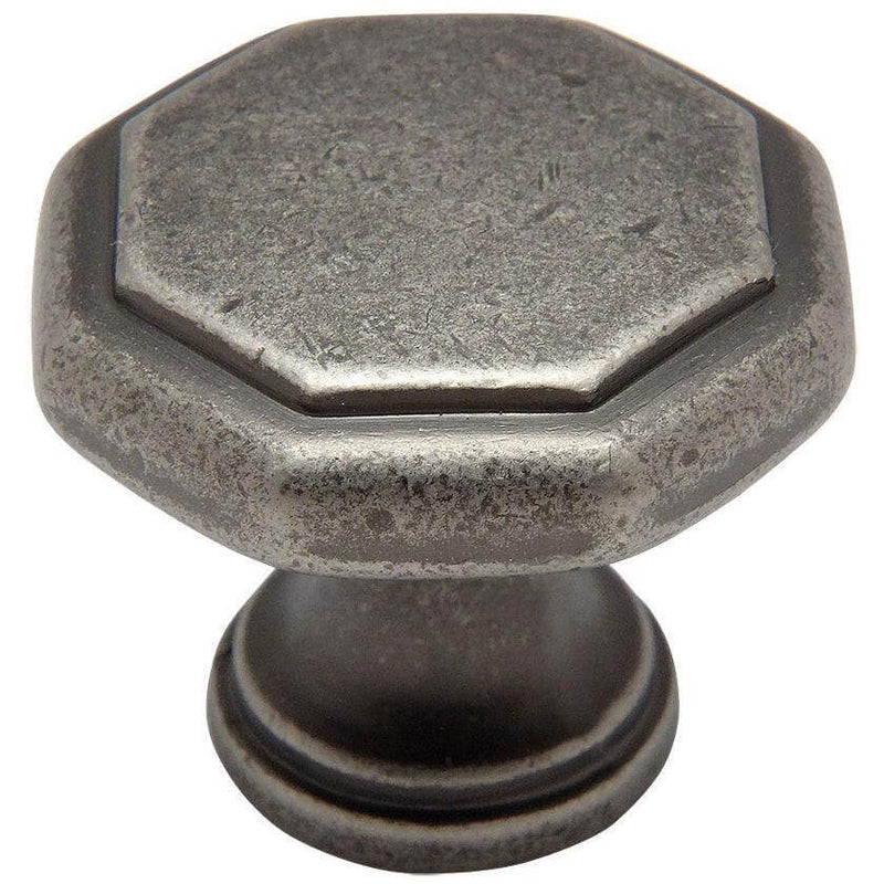 Weathered nickel cabinet drawer knob in octagonal shape with one and a quarter inch diameter