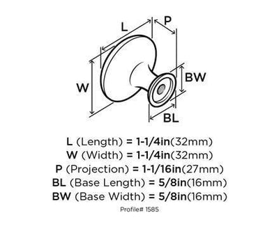 Diagram of dimensions of satin nickel round cabinet knob with rope design and one and a quarter inch hole spacing