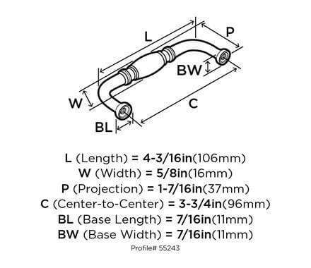 Diagram of dimensions of oil rubbed bronze drawer knob with barrel shaped grip and three and three quarters inch hole spacing