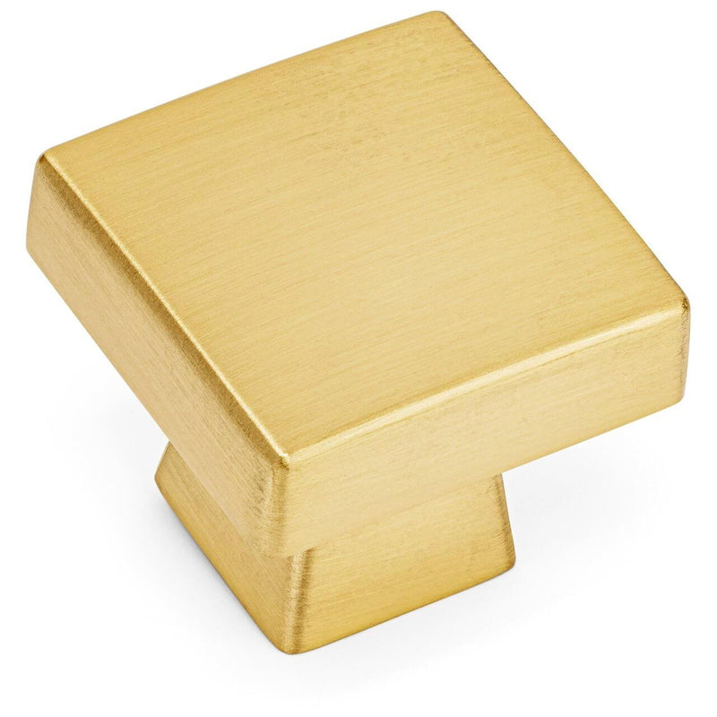 Square cabinet drawer knob in brushed brass finish with one and an eighth inch length