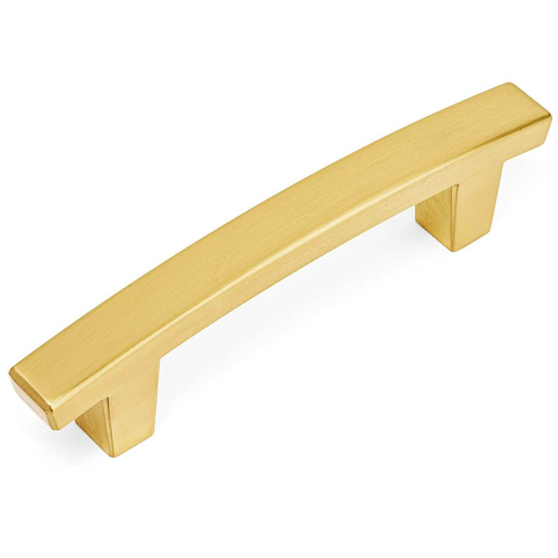 Brushed brass cabinet drawer pull with flat subtle arch design