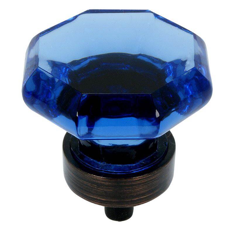 Blue glass cabinet drawer knob in oil rubbed bronze finish with one and a quarter inch diameter