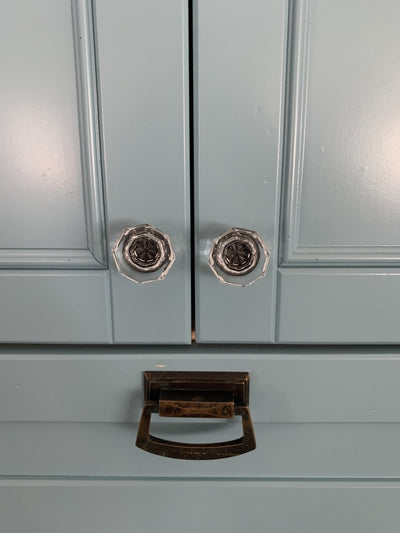 Pretty light blue hutch features the 5268ORB-C glass knob that pairs perfectly with original antique hardware.