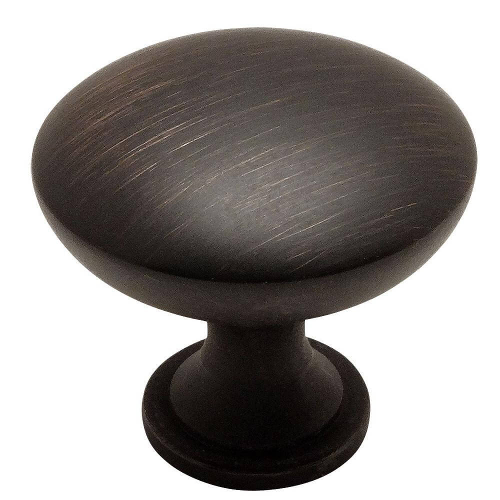 Round oil rubbed bronze cabinet drawer knob with one and three sixteenths inch diameter