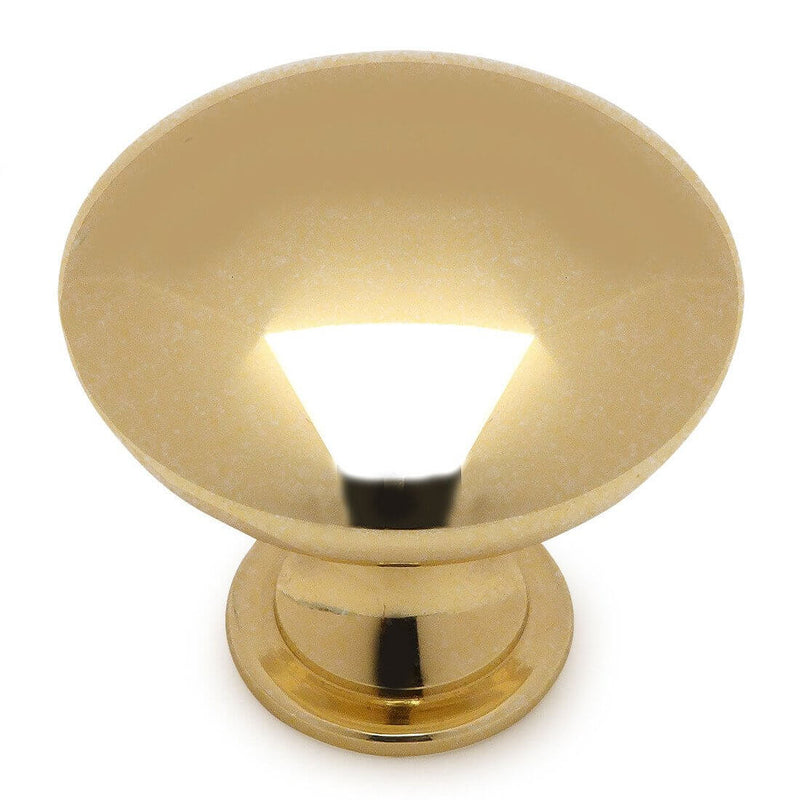 Round cabinet drawer knob in polished brass finish with one and three sixteenths inch diameter